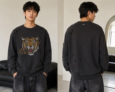 Antony Morato Black Rhinestone Tiger Distressed Crewneck Sweatshirt Large