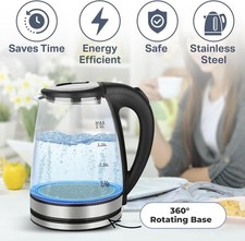 2L Electric Kettle Fast Boil Quiet Glass Kettle 360 Blue LED Boil-Dry Protection