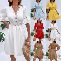 Lady V Neck Lace Dress Short Sleeve Summer Holiday Swing Mini Party Dresses SIZE