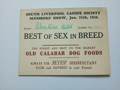 Best of Breed South Liverpool Canine Society Elsässer 1936 Gewinnerkarte