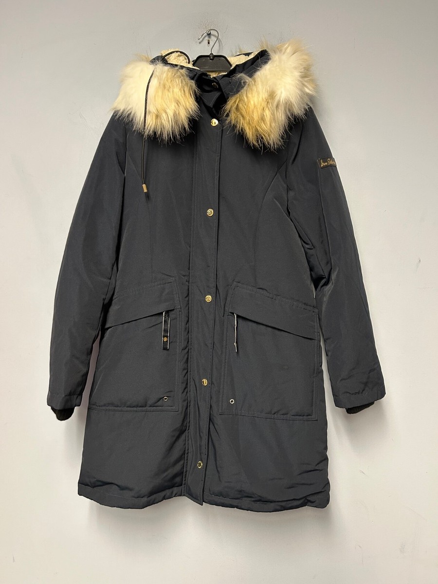 Sam Edelman Women's Faux Fur Trim Faux Shearling Lined Hooded Coat Navy  Size S