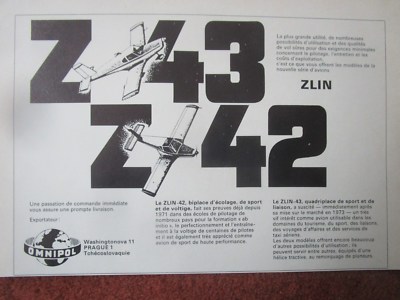 9/1973 PUB OMNIPOL AVION ZLIN TRAINER AIRCRAFT Z-43 Z-42 ORIGINAL FRENCH AD
