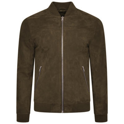 Olive Green Bomber Leather Jacket Men Pure Suede Size S M L XL XXL 
