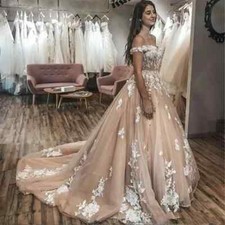 A Line Wedding Dresses Illusion Champagne Applique 3D Floral Tulle Bridal Gown