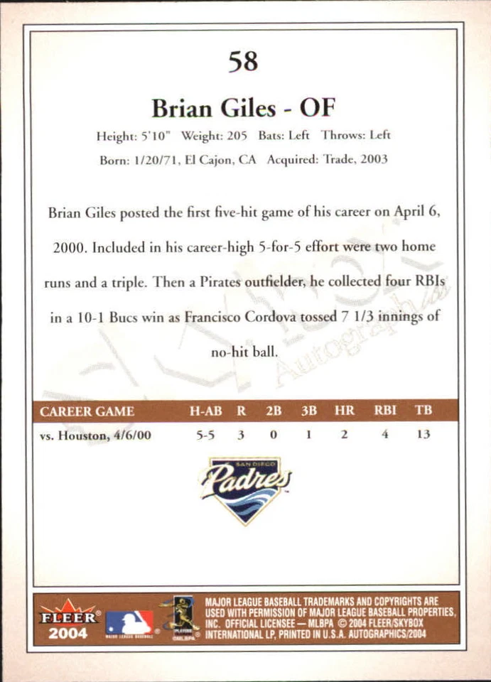 2004 SkyBox Autographics #58 Brian Giles  - Image 2 of 2