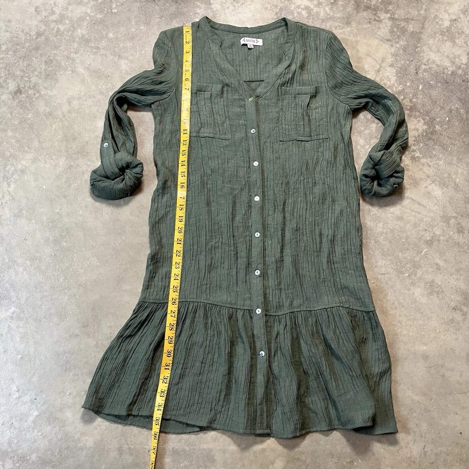 Vestido Nanette Lepore para mujer 8 verde salvia bohemio manga lengüeta enrollable botón delantero Foto 3 de 4
