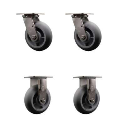 6 Inch 316SS Thermo Donut Tread Caster Set with Delrin Bearings 2 Swivel 2 Rigid
