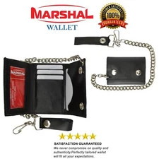 BLACK GENUINE LEATHER Trifold Biker's Wallet ID Card Holder w/ Chain 946-22 (C)