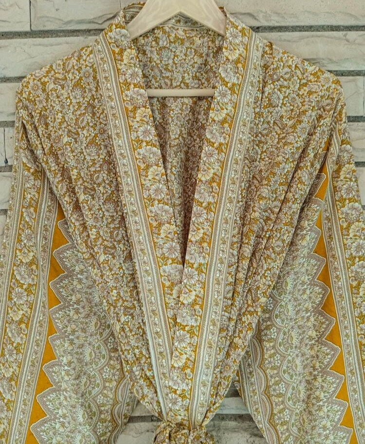 Pura Seda Amarillo Kimono Largo Vestido Traje Mujer Bata Noche KMO4122