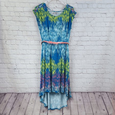 Madison Colorful High Low Jersey Knit Super Soft Blue Dress with Pink Belt SMALL