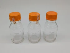Three (3) 250ml Pyrex #1395 Media Storage Bottles with Screw Caps & Pour Rings