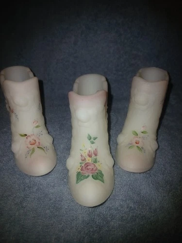 Fenton White Satin Glass Shoes, All Hand Painted And Artist Signed