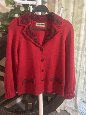 VTG San Remo Laura Knits Red Sweater Jacket Cardigan Black Collar Button USA M
