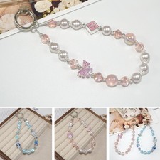 Cute Sparkling Pearl Diamond Bowknot Crystal Beads Phone Wrist Strap Lanyard