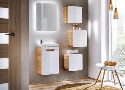 Design Badezimmer Möbel Bad 5tlg. Set Schrank Waschbecken Beleuchtung Garnitur - Bild 1 von 4