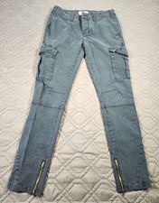 Free People Black Denim Cargo Jeans Slim Fit Mid Rise Zipper Accents