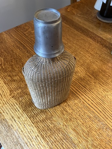 LATE 1800s RARE WICKER COVERED GLASS WHISKEY FLASK (15 oz.) USED EXCELLENT COND.