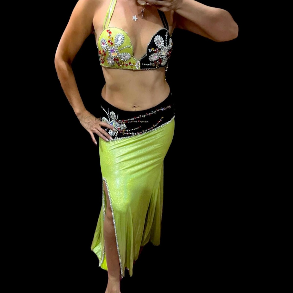 Vintage Green Belly Dance Costume: Italian Lycra, Size S-M