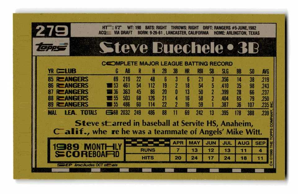 Steve Buechele 1990 Topps #279 Texas Rangers Centered Mint to Gem - Image 2 of 2