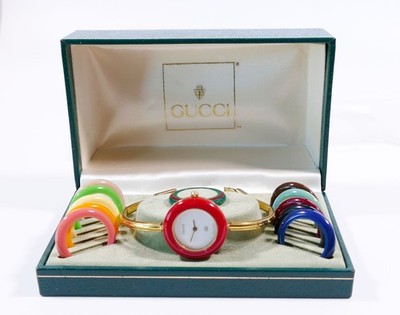 GUCCI Change Bezel Uhr 1100-L Damenuhr Gold-Box+12 Lünetten , Neue Batterie 15.6
