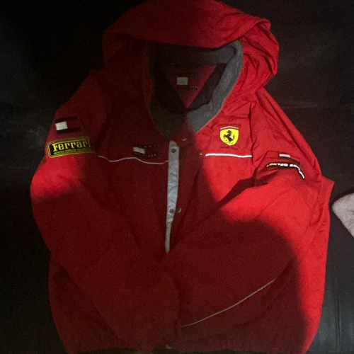 Vintage Tommy Hilfiger Ferrari Men's Red Hooded Full Zip Puffer Jacket Size L - product listing photo