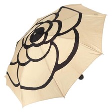 CHANEL Camelia Folding Umbrella Polyester Gold CC Auth 156295