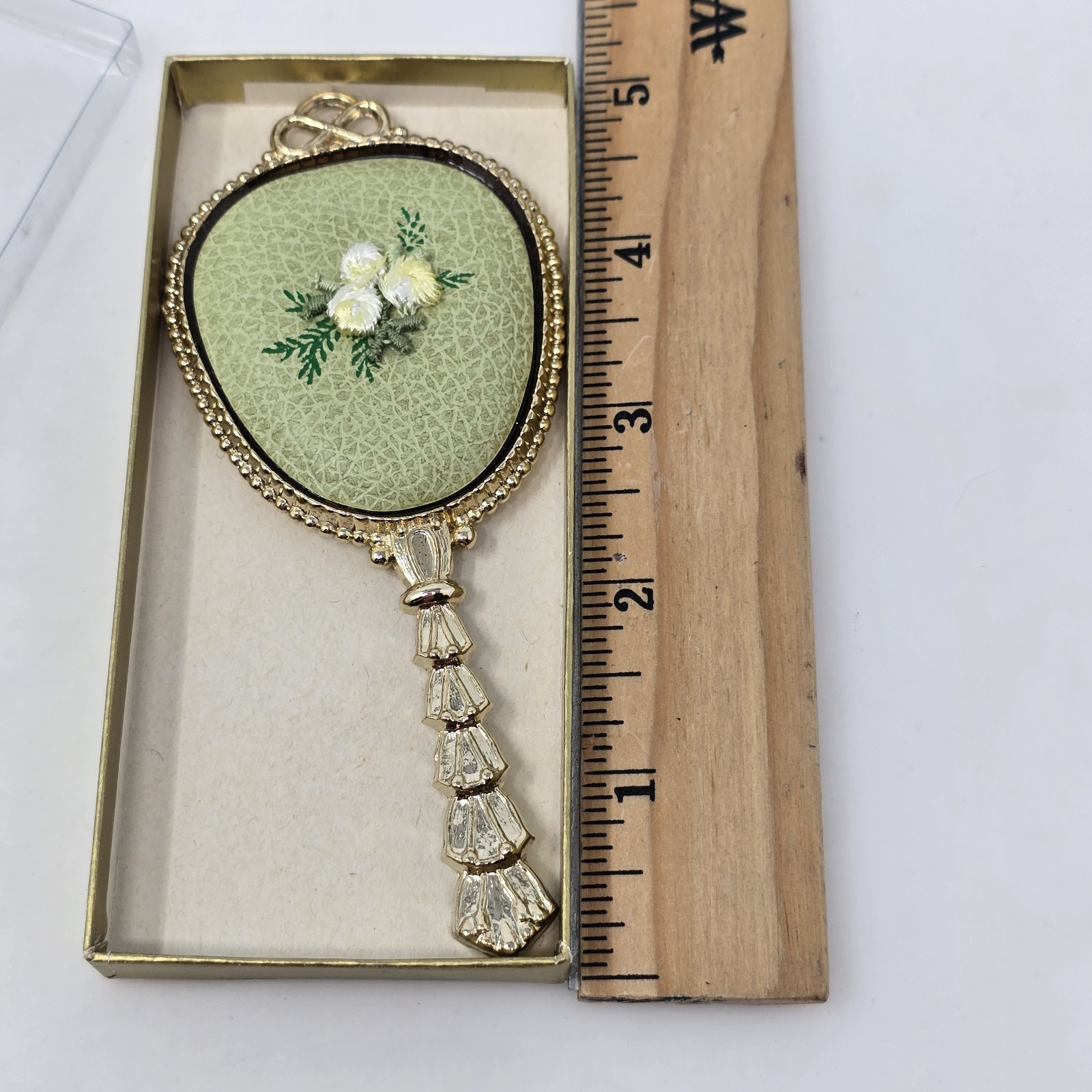 Vintage 5" Long Deluxe Purse Hand Mirror Petit Point Floral Vanity Decor