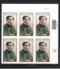 US Stamp Scott #3651, 37c, Harry Houdini, Plate Block of 6, SCV$4.50
