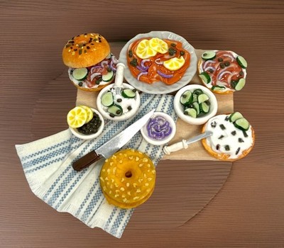 1:12 Artisan Smoked Salmon Lox Bagels Brunch Board Signed Dollhouse Miniature