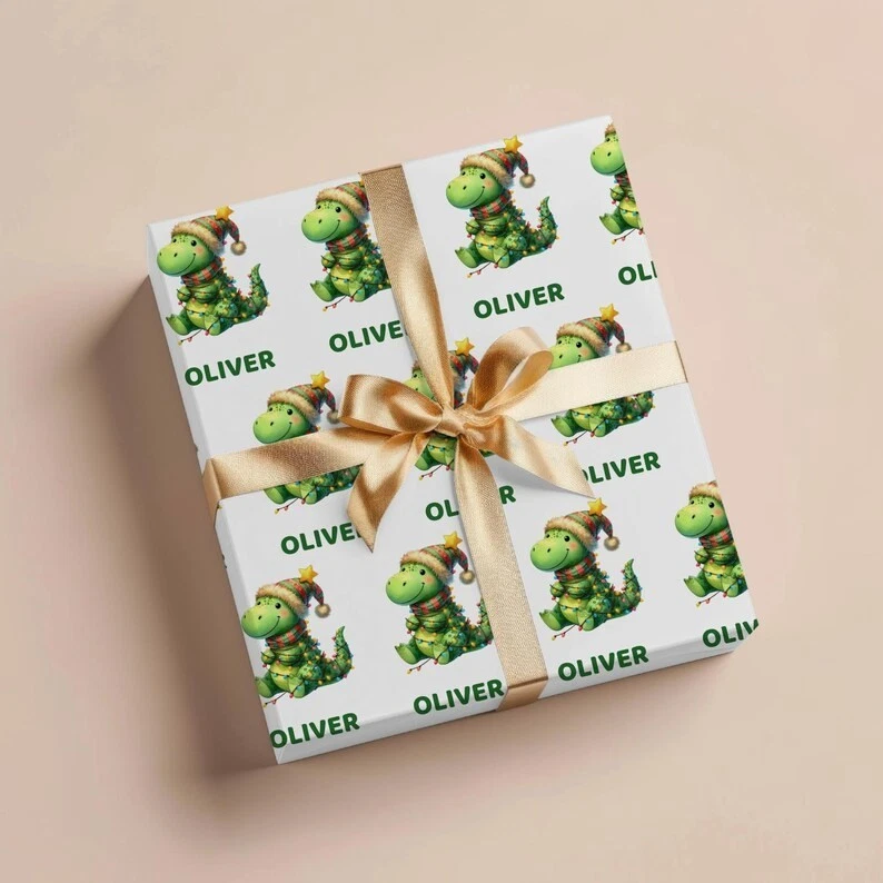 Rollo de papel de envolver Navidad dinosaurio personalizado, envoltura de regalo con nombre personalizado Foto 2 de 4