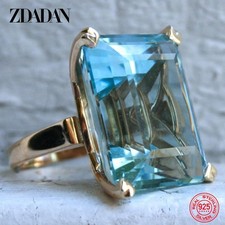 Ring Silver 925 Sterling Aquamarine Size Natural Jewelry Gemstone Big Women's ; 