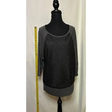 AB Studio Grey 3/4 Sleeve Scoop Neck Embellished Front Top Blouse Women's