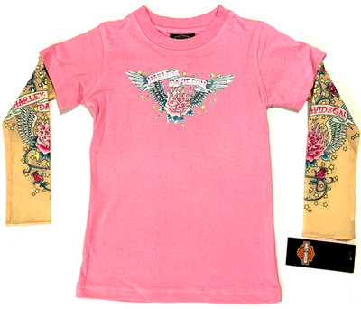 Harley Davidson  Kids Youth Girls Pink Rose & Wings Tattoo Long Sleeve Shirt