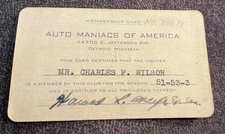 Vtg 1957-1958 Auto Maniacs of America Car/Auto Club Membership Card Detroit Mi