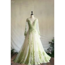 Light Green Leaf Embroidery Wedding Dress V Neck Long Sleeves vestidos A-line