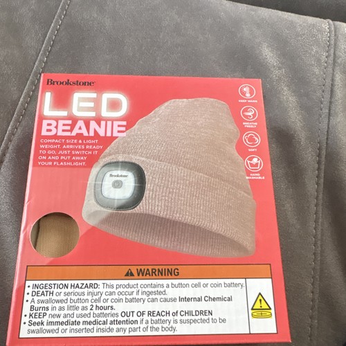 Brookstone LED Beanie Built-In Light Beige Solid Knit Lightweight Winter