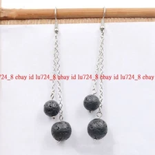 Natural 8mm 10mm Lava Rock Gemstone Round Beads Chain Dangle Earrings