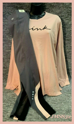 Victoria's Secret Pink Campus Tee Shirt + Mesh Leggings Set Misty Rose Gray L 