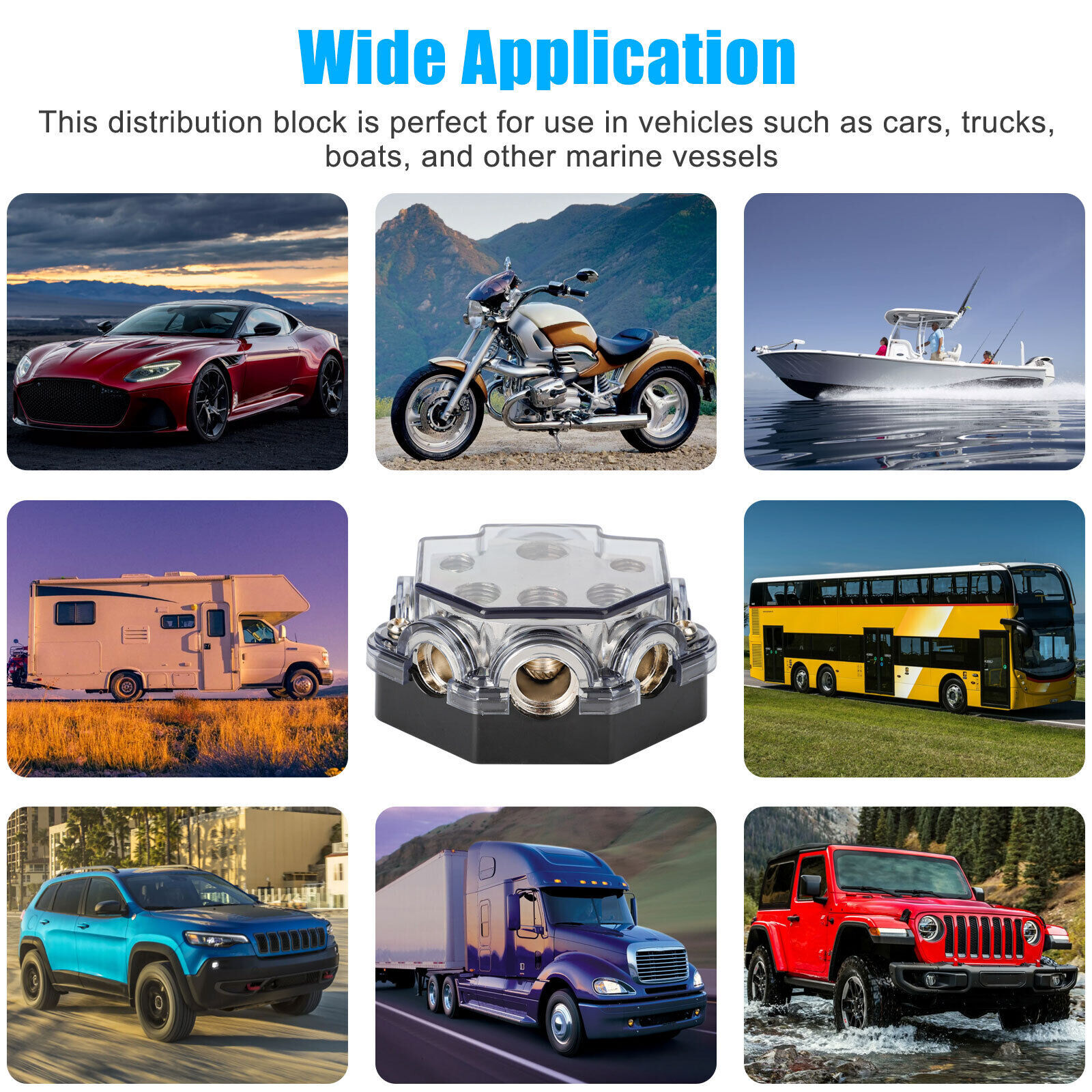 3-Way Car Audio Amp Power Ground Distribution Block 0 Gauge In 2/4/8 Out w Cover