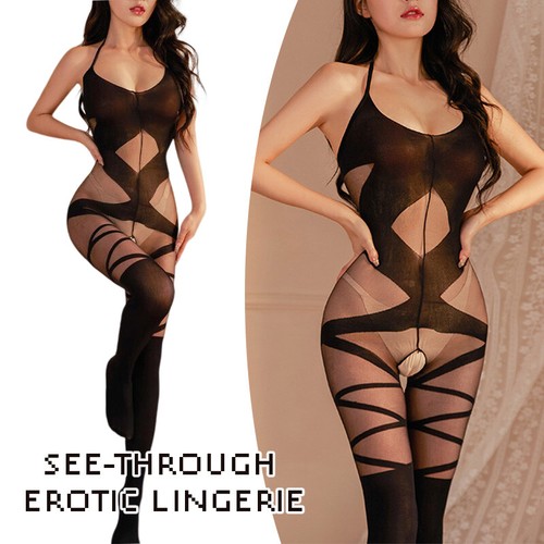 Dessous durchsichtig Damen Body Strumpf Schrittlos Neckholder Hals rückenlos