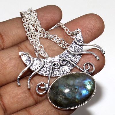 925 Silver Plated Fiery Labradorite Ethnic Necklace Jewelry Size 19'' JW