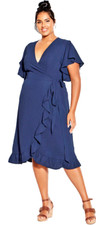 Loralette ~ Navy Textured Crepe Ruffle Wrap Surplice Midi Party Dress 18 NEW