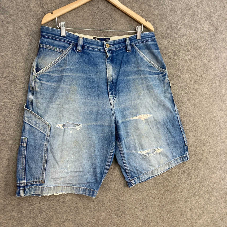 Vintage Volcom Denim Shorts Mens XL Blue Distressed Rips 90s Streetwear 11710 - Image 2 of 4
