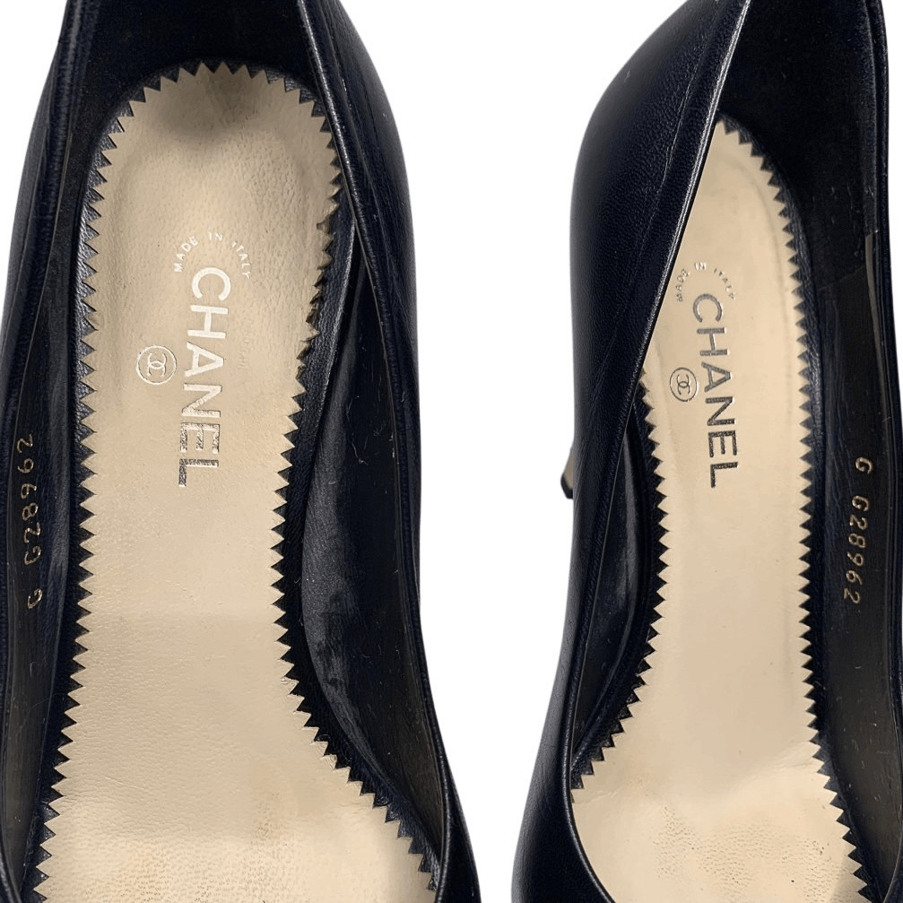 Chanel Interlocking CC Logo Black Leather Pumps EU 37 US 6-6.5 Pearl High Heels thumbnail 3