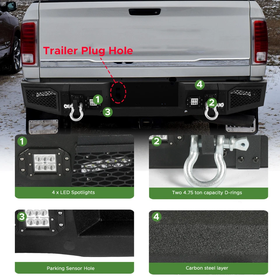 Fits 2010-2018 Dodge Ram 2500 3500 Rear Step Bumper with 4 LED Lights & D-rings Foto 4 de 4
