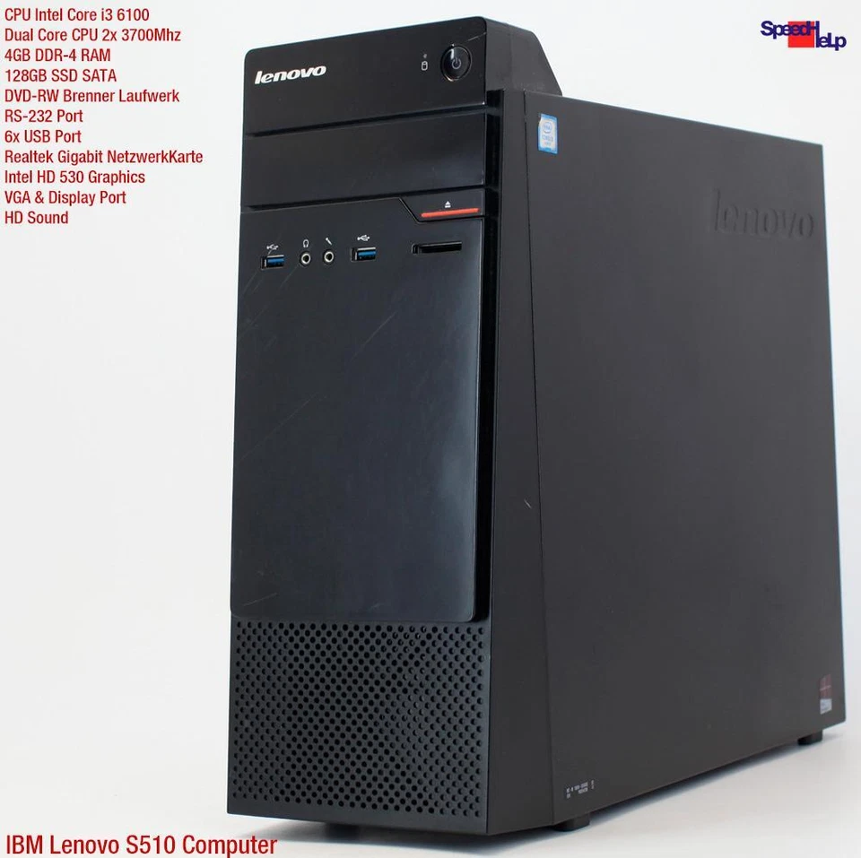 IBM LENOVO S510 CORE I3-6100 COMPUTER PC RS-232 WINDOWS 10 128GB SSD 4GB DVDRW - Immagine 2 di 4