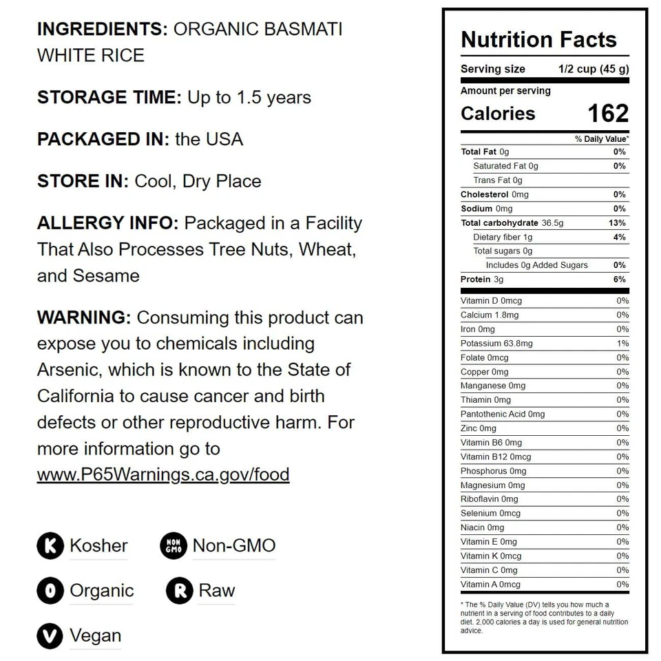 Arroz blanco Basmati orgánico — sin OGM, crudo, sin irradiar, kosher, vegano, a granel Foto 2 de 4