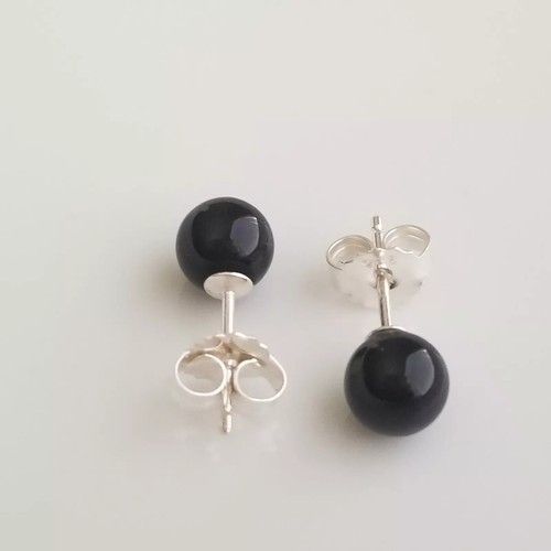 925 Sliver Natural Black Onyx 10mm Round Ball Stud Earrings - Picture 4 of 4