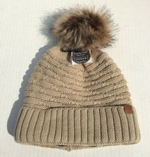 Winter Thick Warm Lined Knit With Faux Fur Pom Stretchy Beanie Ski Hat Beige H
