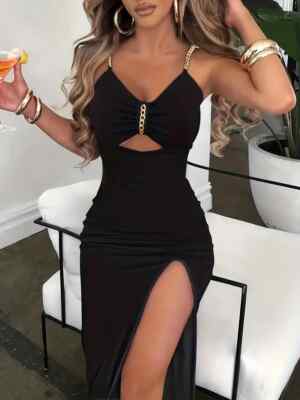Sexy Elegant Gold Chain Strap Split-Thigh Black Long Dress Party Formal Clubwear | eBay Sexy Elegant Gold Chain Strap Split-Thigh Black Long Dress Party Formal Clubwear | eBay